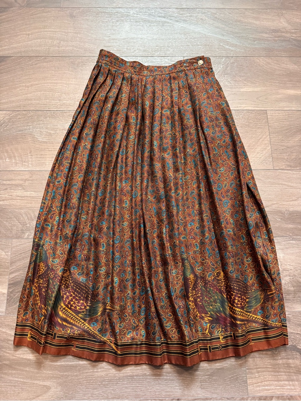 Vintage Chaus Fall Paisley Pheasant Print Midi Length Pleated Skirt Size Small